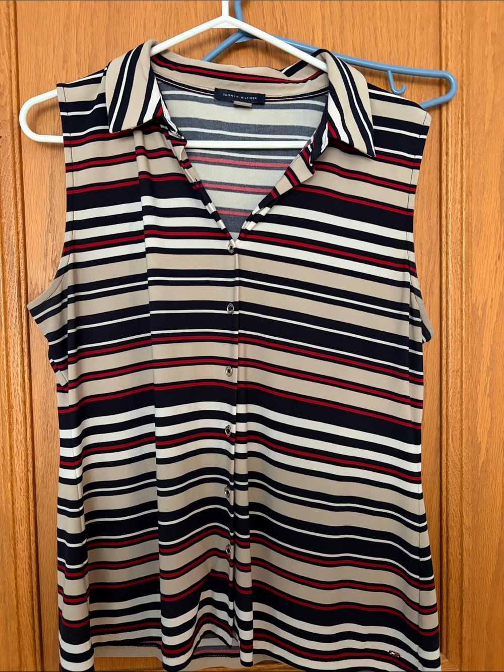 Tommy Hilfiger Women's Sleeveless Striped Collared Blouse - Beige/Navy/Red